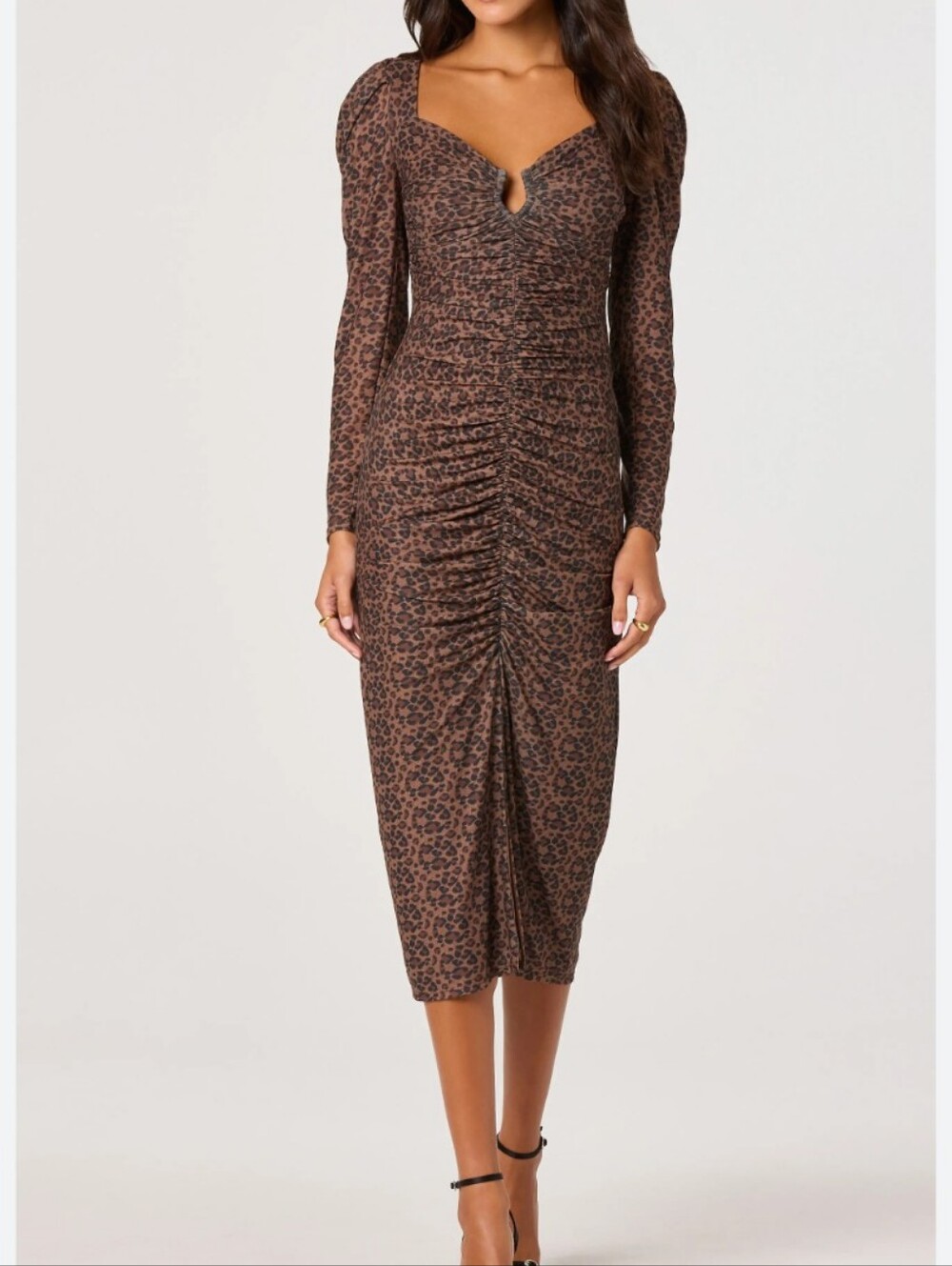 ASTR The Label Leopard Print Long Sleeve Ruched Mesh Midi Dress